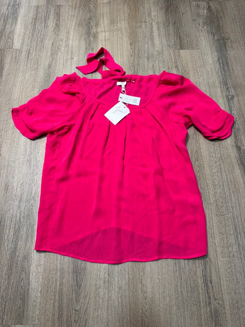 Joie Vibrant Hot Pink Tie-Neck Short Sleeve Silk Blouse